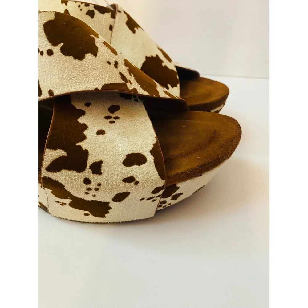 Pierre Dumas Cow Print Platform Wedge Sandals Brown White Slingback 8.5M 751214